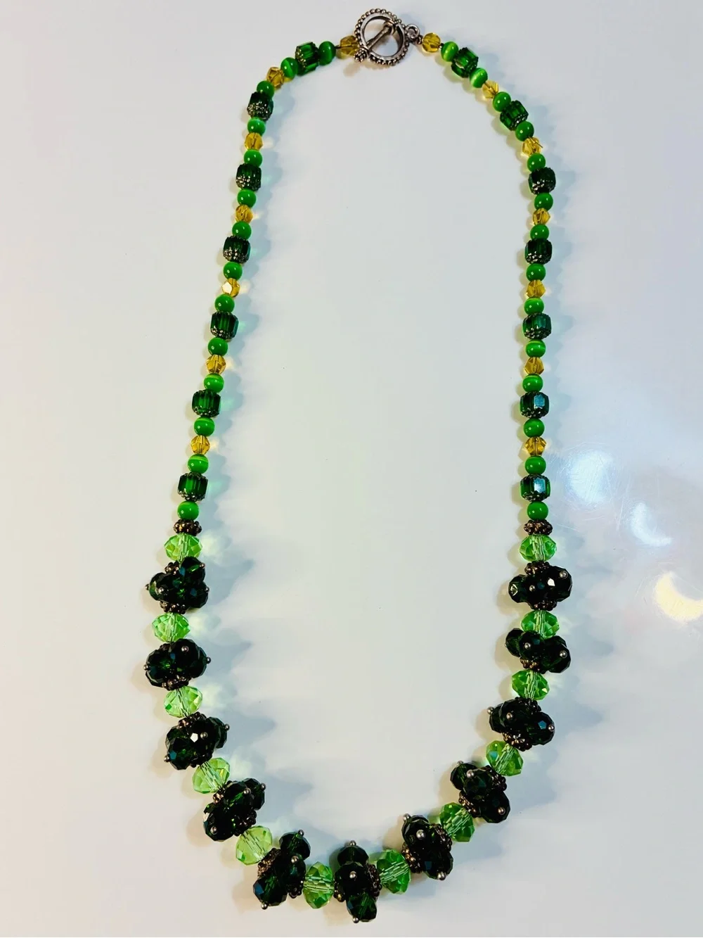 High End Austrian Crystal Dark and Light Green Beaded Necklace - Designer Style